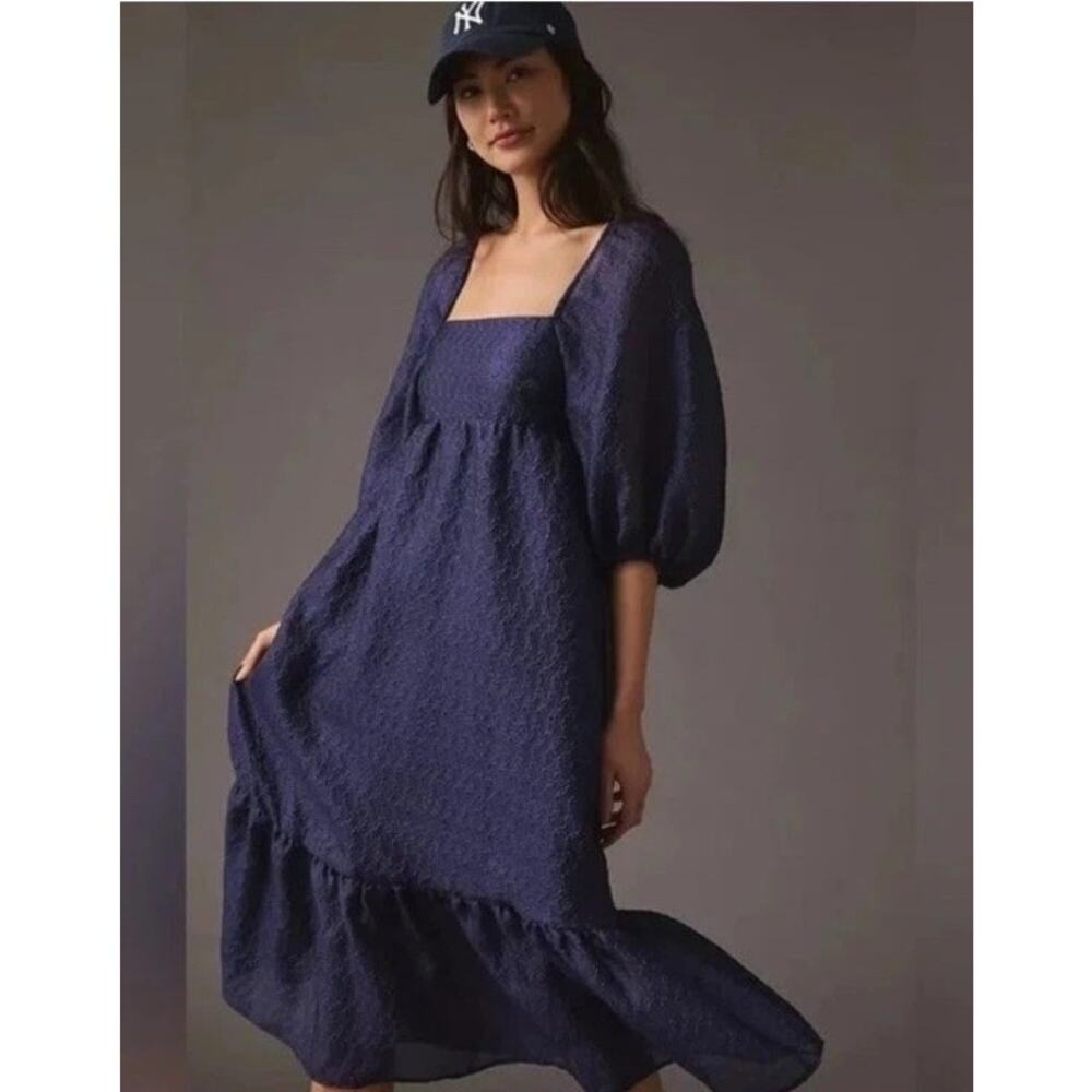 Anthropologie Textured Puff-Sleeve Dress Navy Blue M - Picture 2 of 3